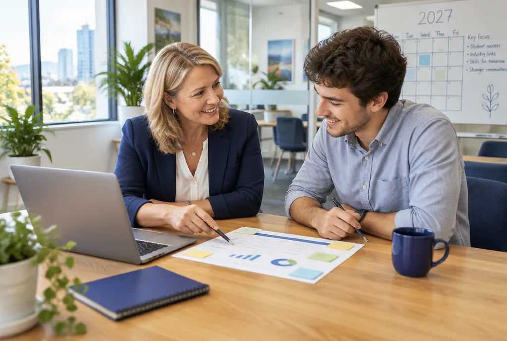 Two college staff planning their 2027 enrolments together at a table